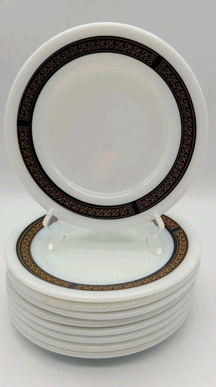 PYREX VTG 704-29 Tableware EBONY FLEUR DE LIS 6" Bread Set Of 8 Plates Gold